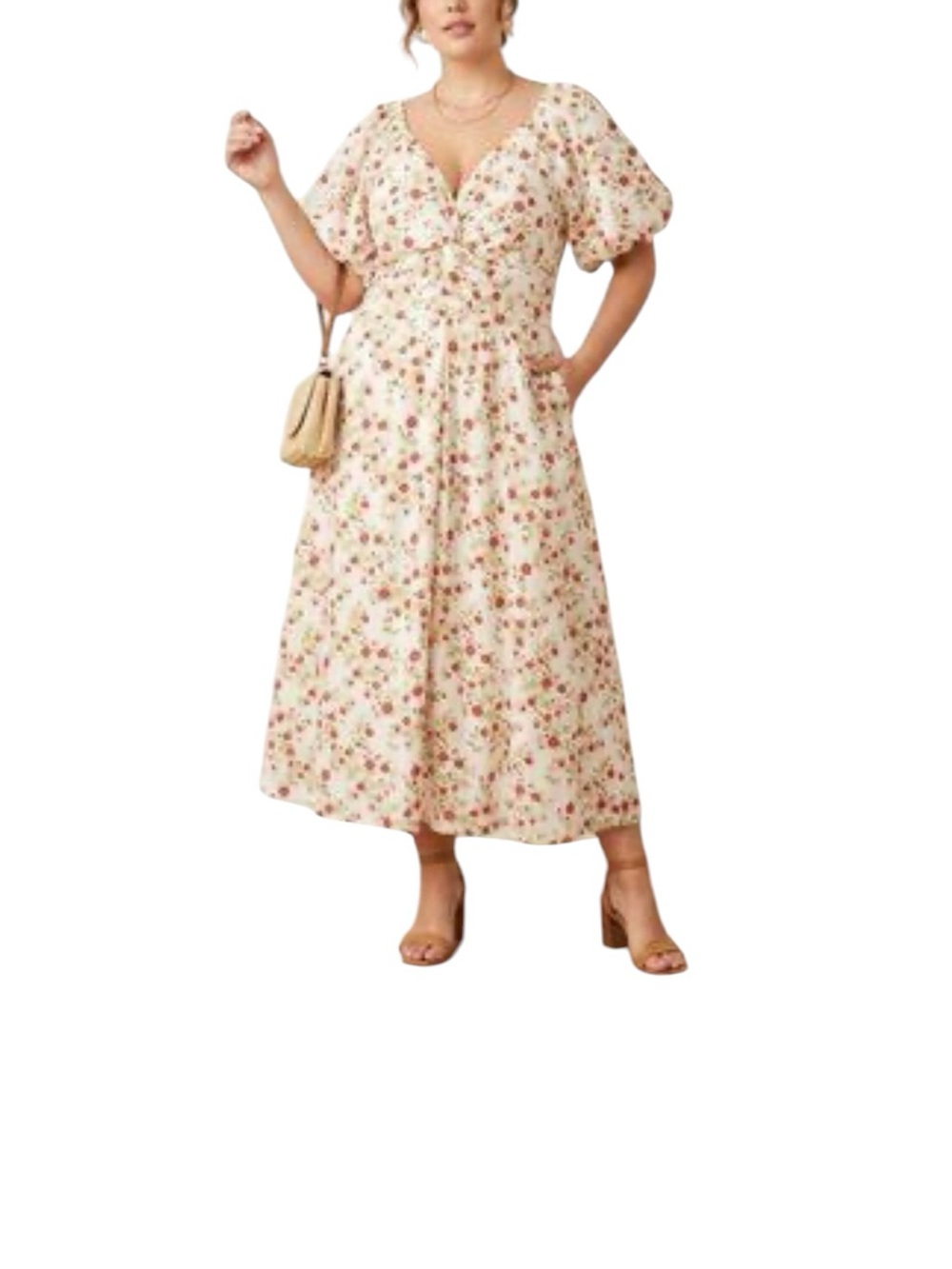 LEA Red Floral  Puff-Sleeve Maxi Dress in Cream